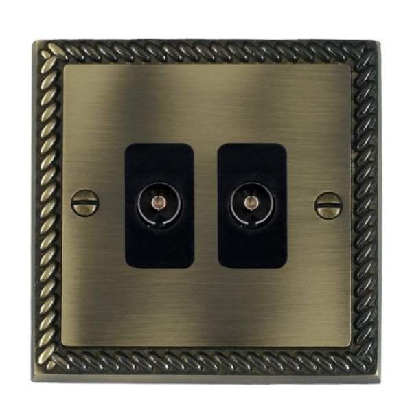 Hamilton 91TV2B Cheriton Georgian Antique Brass 2 Gang Non-Isolated 2 In/2 Out TV Socket with Black Insert