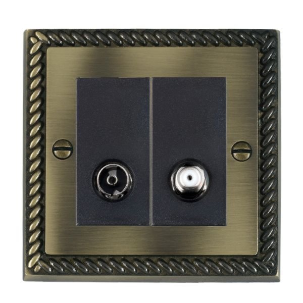 Hamilton 91TVSATB Cheriton Georgian Antique Brass Non-Isolated 2 In/2 Out TV and Satellite Socket with Black Insert