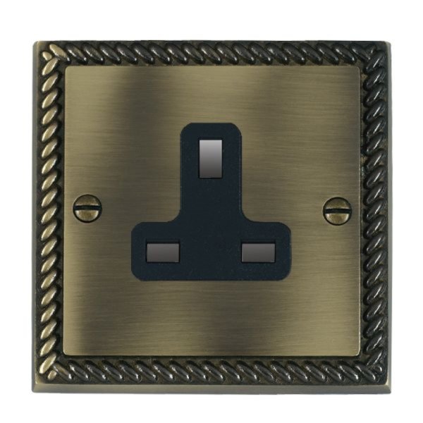 Hamilton 91US13B Cheriton Georgian Antique Brass 1 Gang 13A Unswitched Socket with Black Insert
