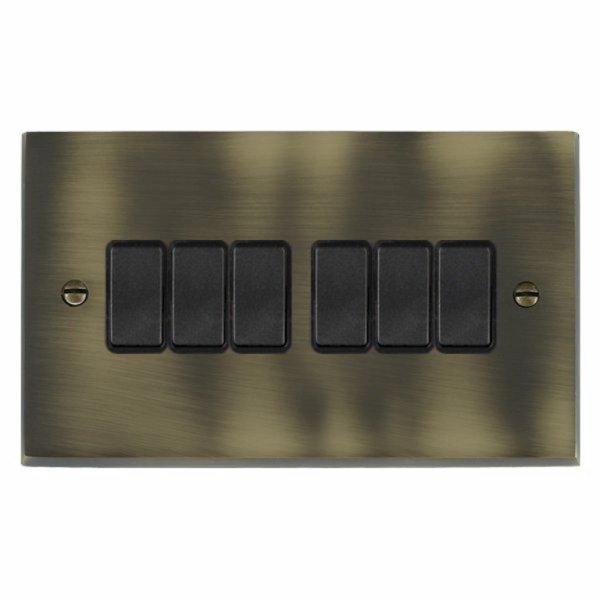 Hamilton 93R26BL-B Cheriton Victorian Antique Brass 6 Gang 10AX 2 Way Switch with Black Rockers and Black Surround