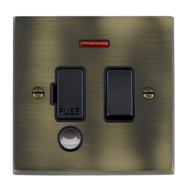 Hamilton 93SPNCBL-B Cheriton Victorian Antique Brass 13A Double Pole Switched Fused Spur, Neon and Cable Outlet with Black Insert and Black Surround