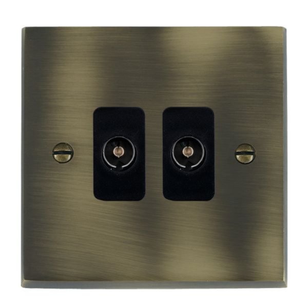 Hamilton 93TV2B Cheriton Victorian Antique Brass 2 Gang Non-Isolated 2 In/2 Out TV Socket with Black Insert