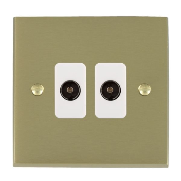 Hamilton 94TV2W Cheriton Victorian Satin Brass 2 Gang Non-Isolated 2 In/2 Out TV Socket with White Insert