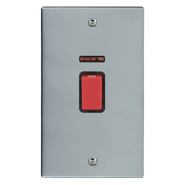 Hamilton 9545VB Cheriton Victorian Bright Chrome 45A Vertical Double Pole Switch and Neon with Red Rocker and Black Surround