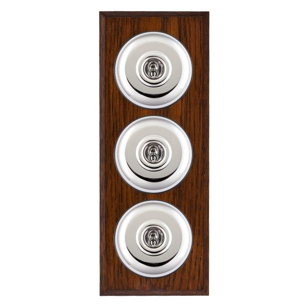 Hamilton BCAPT23BC-B  Bloomsbury Chamfered Antique Mahogany 3 Gang 20AX 2 Way Toggle Switch with Bright Chrome Plain Dome and Black Collar