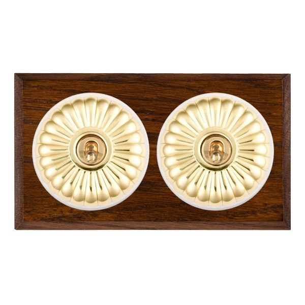 Hamilton Bloomsbury Chamfered Dark Oak 2 Gang 20AX Intermediate Toggle Switch with Polished Brass Fluted Dome and White Collar