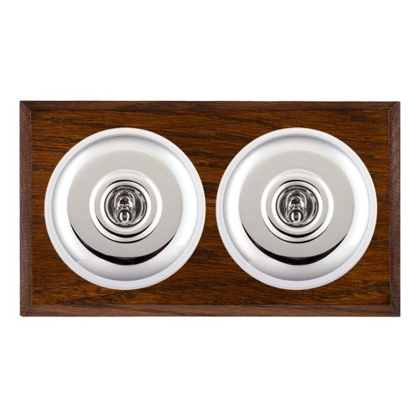 Hamilton BCDPT22BC-W Bloomsbury Chamfered Dark Oak 2 Gang 20AX 2 Way Toggle Switch with Bright Chrome Plain Dome and White Collar