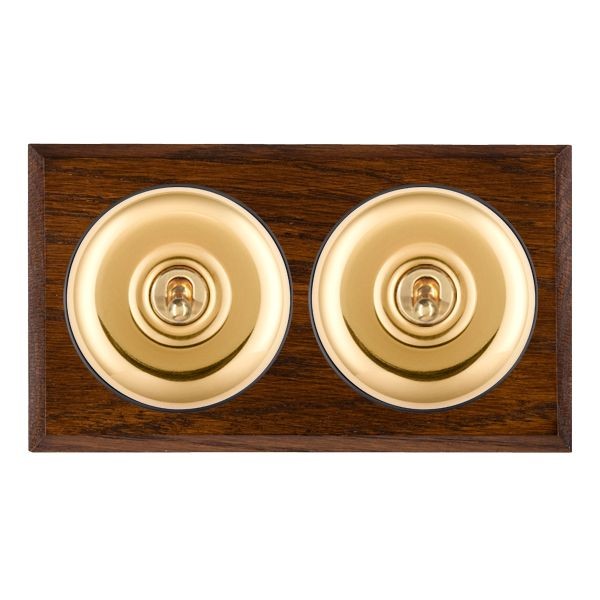 Hamilton BCDPT22PB-B Bloomsbury Chamfered Dark Oak 2 Gang 20AX 2 Way Toggle Switch with Polished Brass Plain Dome and Black Collar