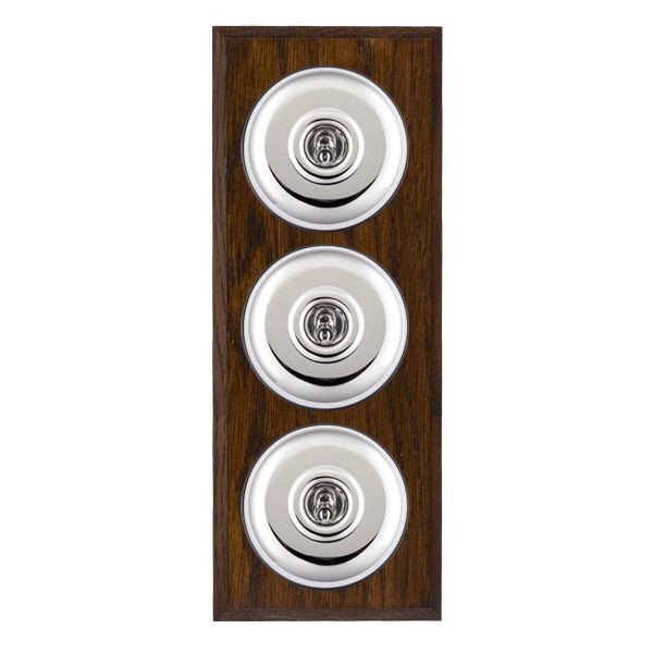Hamilton BCDPT23BC-B Bloomsbury Chamfered Dark Oak 3 Gang 20AX 2 Way Toggle Switch with Bright Chrome Plain Dome and Black Collar