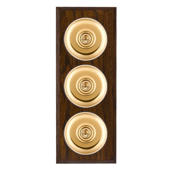 Hamilton BCDPT23PB-B Bloomsbury Chamfered Dark Oak 3 Gang 20AX 2 Way Toggle Switch with Polished Brass Plain Dome and Black Collar