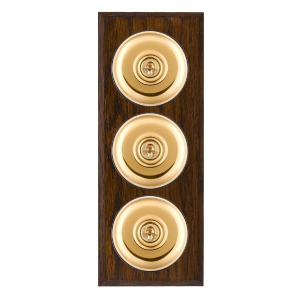 Hamilton BCDPT23PB-B Bloomsbury Chamfered Dark Oak 3 Gang 20AX 2 Way Toggle Switch with Polished Brass Plain Dome and Black Collar