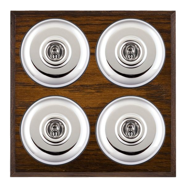 Hamilton BCDPT24BC-B Bloomsbury Chamfered Dark Oak 4 Gang 20AX 2 Way Toggle Switch with Bright Chrome Plain Dome and Black Collar