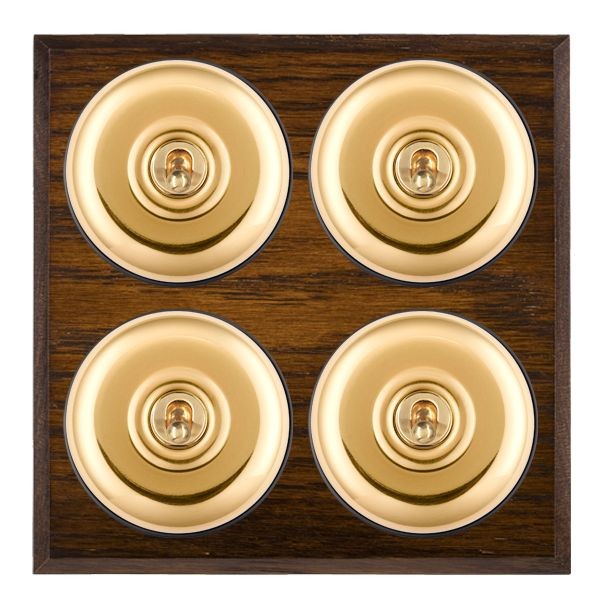 Hamilton BCDPT24PB-B Bloomsbury Chamfered Dark Oak 4 Gang 20AX 2 Way Toggle Switch with Polished Brass Plain Dome and Black Collar