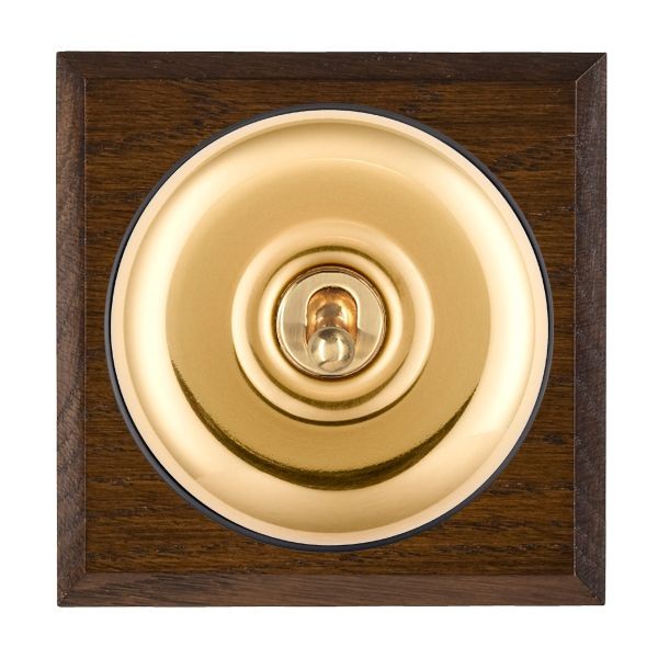 Hamilton BCDPT31PB-B Bloomsbury Chamfered Dark Oak 1 Gang 20AX Intermediate Toggle Switch with Polished Brass Plain Dome and Black Collar