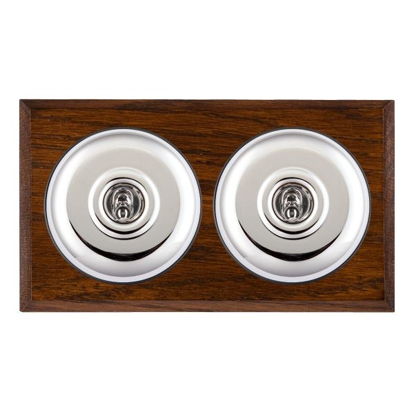 Hamilton BCDPT32BC-B Bloomsbury Chamfered Dark Oak 2 Gang 20AX Intermediate Toggle Switch with Bright Chrome Plain Dome and Black Collar