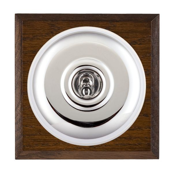Hamilton BCDPTDPBC-W Bloomsbury Chamfered Dark Oak 1 Gang 20AX Double Pole Toggle Switch with Bright Chrome Plain Dome and White Collar