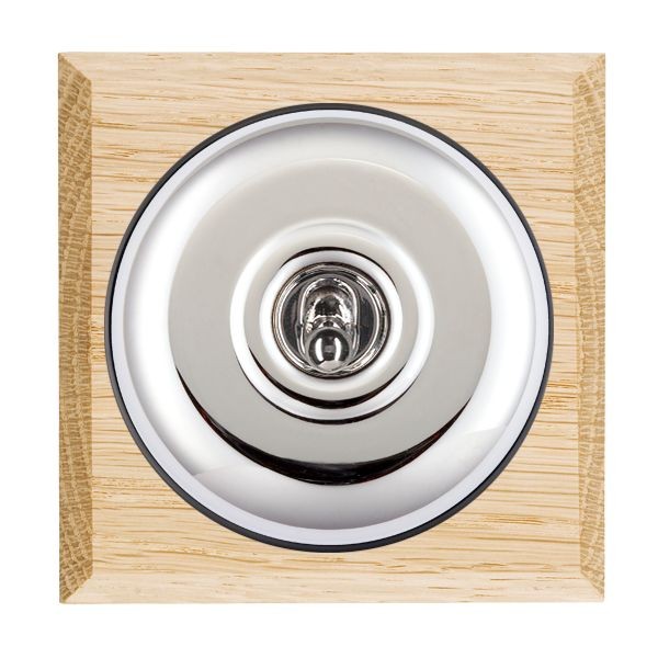 Hamilton BCLPT21BC-B Bloomsbury Chamfered Light Oak 1 Gang 20AX 2 Way Toggle Switch with Bright Chrome Plain Dome and Black Collar