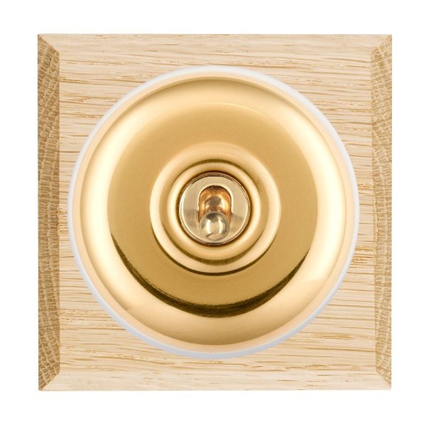 Hamilton Bloomsbury Chamfered Light Oak 1 Gang 20AX 2 Way Toggle Switch with Polished Brass Plain Dome and White Collar