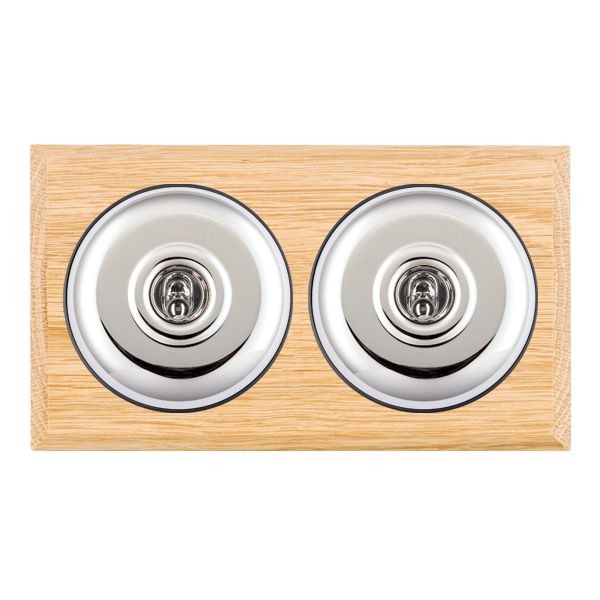 Hamilton BCLPT22BC-B Bloomsbury Chamfered Light Oak 2 Gang 20AX 2 Way Toggle Switch with Bright Chrome Plain Dome and Black Collar