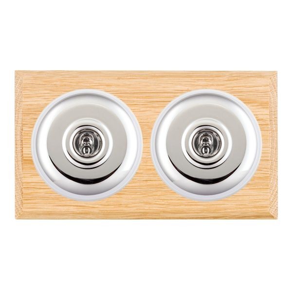 Hamilton BCLPT22BC-W Bloomsbury Chamfered Light Oak 2 Gang 20AX 2 Way Toggle Switch with Bright Chrome Plain Dome and White Collar