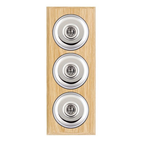 Hamilton BCLPT23BC-B Bloomsbury Chamfered Light Oak 3 Gang 20AX 2 Way Toggle Switch with Bright Chrome Plain Dome and Black Collar