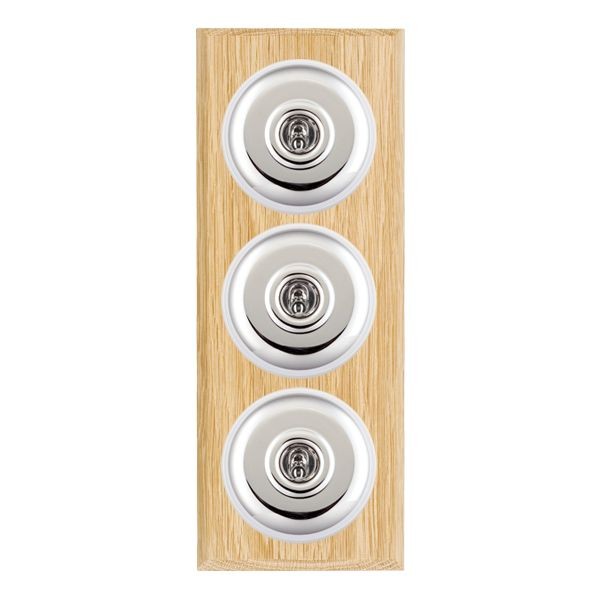 Hamilton BCLPT23BC-W Bloomsbury Chamfered Light Oak 3 Gang 20AX 2 Way Toggle Switch with Bright Chrome Plain Dome and White Collar