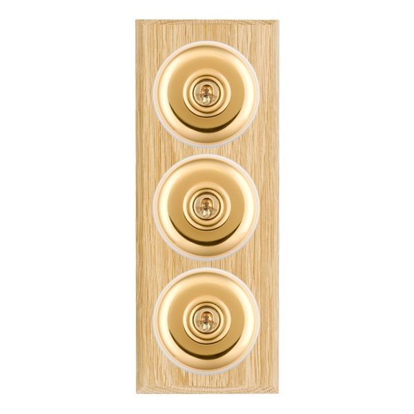 Hamilton BCLPT23PB-W Bloomsbury Chamfered Light Oak 3 Gang 20AX 2 Way Toggle Switch with Polished Brass Plain Dome and White Collar