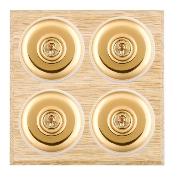Hamilton BCLPT24PB-W Bloomsbury Chamfered Light Oak 4 Gang 20AX 2 Way Toggle Switch with Polished Brass Plain Dome and White Collar