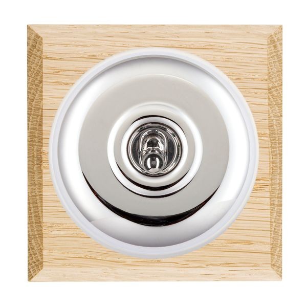 Hamilton BCLPTDPBC-W Bloomsbury Chamfered Light Oak 1 Gang 20AX Double Pole Toggle Switch with Bright Chrome Plain Dome and White Collar