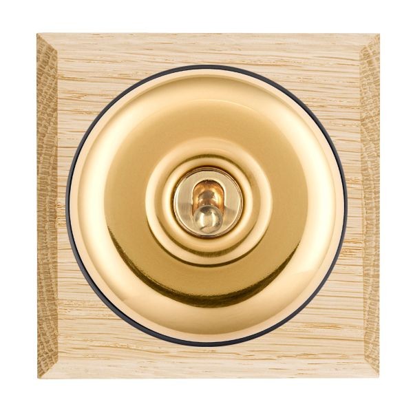 Hamilton BCLPTDPPB-B Bloomsbury Chamfered Light Oak 1 Gang 20AX Double Pole Toggle Switch with Polished Brass Plain Dome and Black Collar