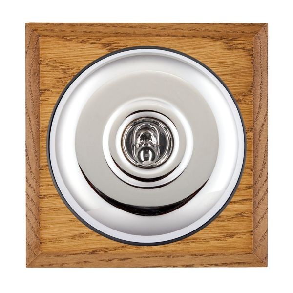 Hamilton BCMPT21BC-B Bloomsbury Chamfered Medium Oak 1 Gang 20AX 2 Way Toggle Switch with Bright Chrome Plain Dome and Black Collar
