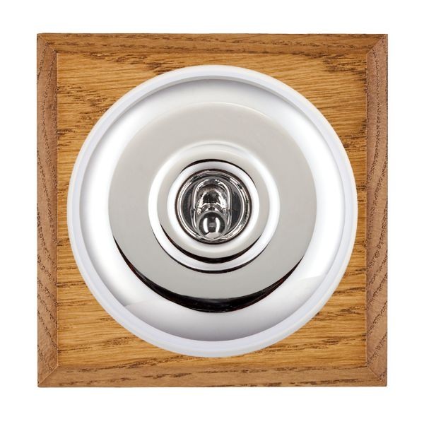 Hamilton BCMPT21BC-W  Bloomsbury Chamfered Medium Oak 1 Gang 20AX 2 Way Toggle Switch with Bright Chrome Plain Dome and White Collar