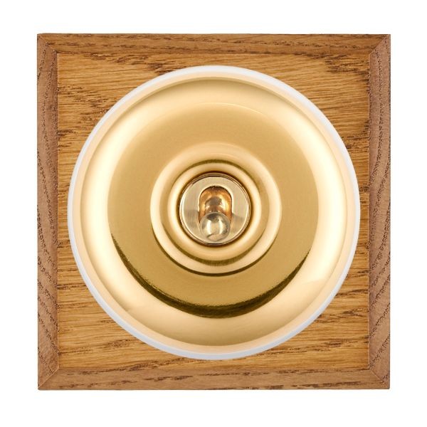 Hamilton BCMPT21PB-W Bloomsbury Chamfered Medium Oak 1 Gang 20AX 2 Way Toggle Switch with Polished Brass Plain Dome and White Collar