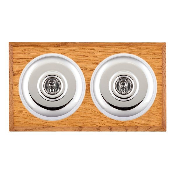 Hamilton BCMPT22BC-W Bloomsbury Chamfered Medium Oak 2 Gang 20AX 2 Way Toggle Switch with Bright Chrome Plain Dome and White Collar