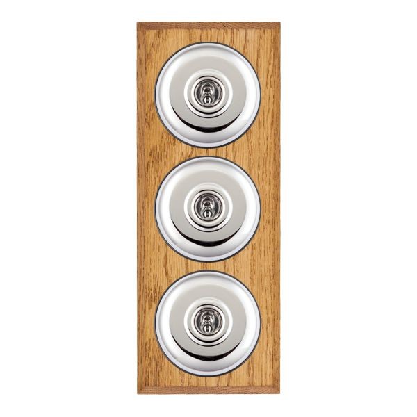 Hamilton BCMPT23BC-B Bloomsbury Chamfered Medium Oak 3 Gang 20AX 2 Way Toggle Switch with Bright Chrome Plain Dome and Black Collar