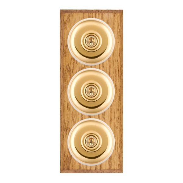 Hamilton BCMPT23PB-W Bloomsbury Chamfered Medium Oak 3 Gang 20AX 2 Way Toggle Switch with Polished Brass Plain Dome and White Collar