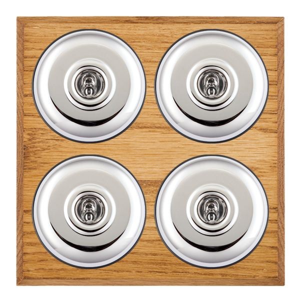 Hamilton BCMPT24BC-B Bloomsbury Chamfered Medium Oak 4 Gang 20AX 2 Way Toggle Switch with Bright Chrome Plain Dome and Black Collar