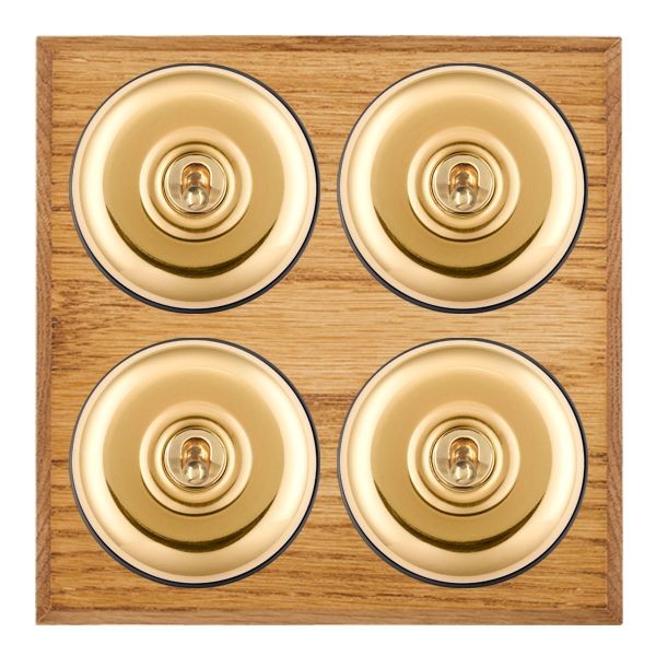 Hamilton BCMPT24PB-B Bloomsbury Chamfered Medium Oak 4 Gang 20AX 2 Way Toggle Switch with Polished Brass Plain Dome and Black Collar