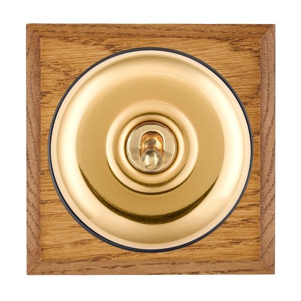 Hamilton BCMPT31PB-B Bloomsbury Chamfered Medium Oak 1 Gang 20AX Intermediate Toggle Switch with Polished Brass Plain Dome and Black Collar