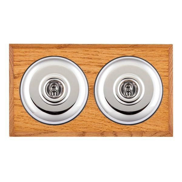 Hamilton BCMPT32BC-B Bloomsbury Chamfered Medium Oak 2 Gang 20AX Intermediate Toggle Switch with Bright Chrome Plain Dome and Black Collar