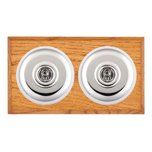 Hamilton BCMPT32BC-W Bloomsbury Chamfered Medium Oak 2 Gang 20AX Intermediate Toggle Switch with Bright Chrome Plain Dome and White Collar
