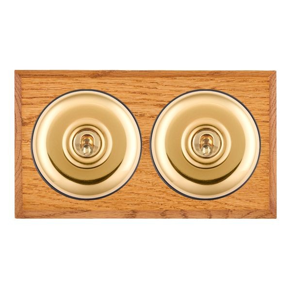 Hamilton BCMPT32PB-B Bloomsbury Chamfered Medium Oak 2 Gang 20AX Intermediate Toggle Switch with Polished Brass Plain Dome and Black Collar