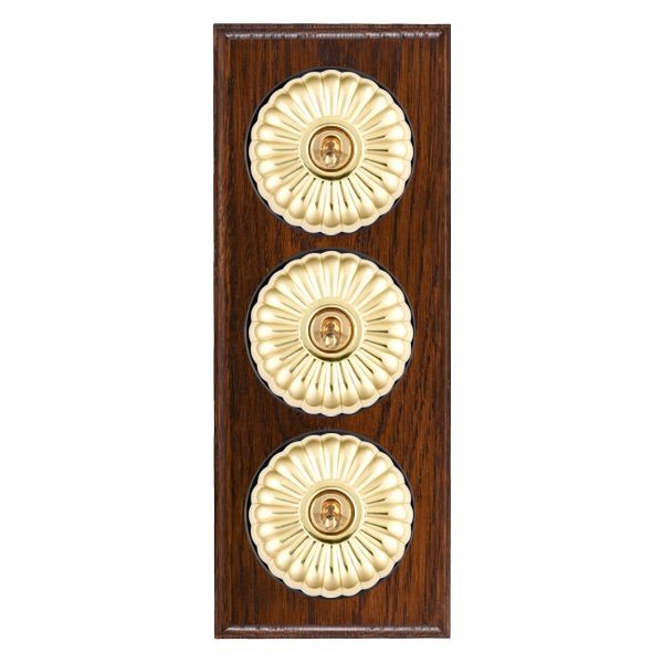 Hamilton BOAFT23PB-B Bloomsbury Ovolo Antique Mahogany 3 Gang 20AX 2 Way Toggle Switch with Polished Brass Fluted Dome and Black Collar