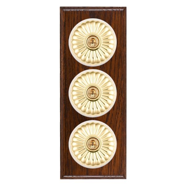 Hamilton BOAFT23PB-W  Bloomsbury Ovolo Antique Mahogany 3 Gang 20AX 2 Way Toggle Switch with Polished Brass Fluted Dome and White Collar