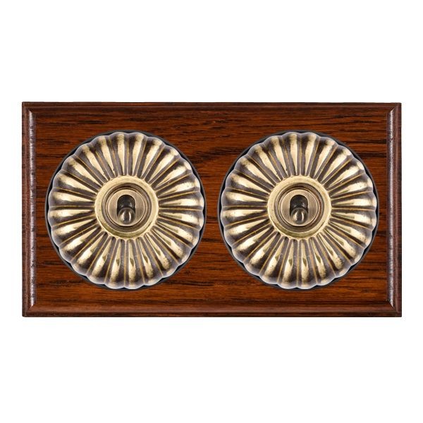 Hamilton BOAFT32AB-B Bloomsbury Ovolo Antique Mahogany 2 Gang 20AX Intermediate Toggle Switch with Antique Brass Fluted Dome and Black Collar