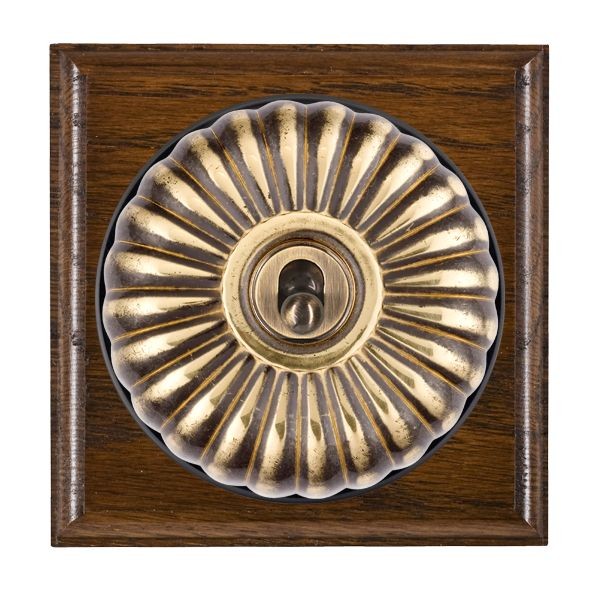 Hamilton BODFT21AB-B Bloomsbury Ovolo Dark Oak 1 Gang 20AX 2 Way Toggle Switch with Antique Brass Fluted Dome and Black Collar