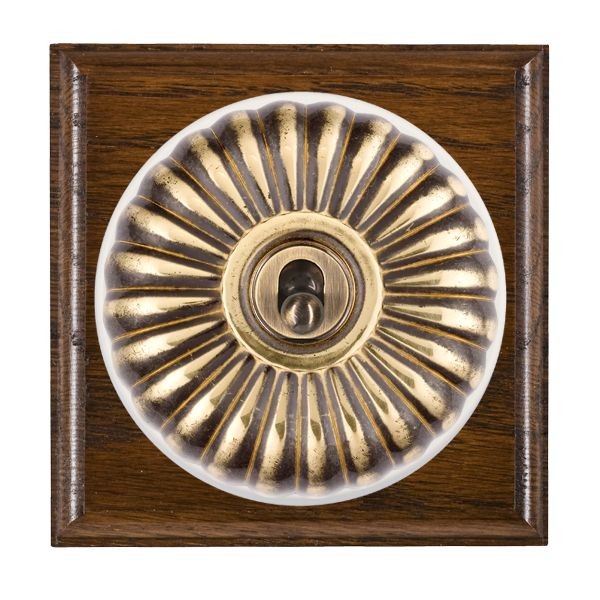 Hamilton BODFT21AB-W Bloomsbury Ovolo Dark Oak 1 Gang 20AX 2 Way Toggle Switch with Antique Brass Fluted Dome and White Collar