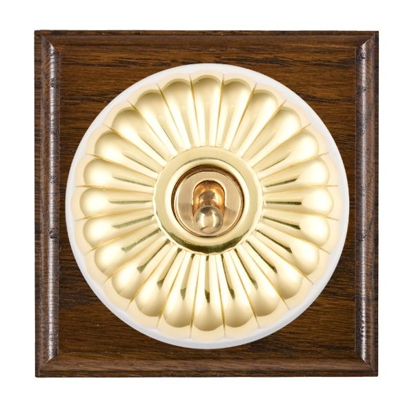 Hamilton BODFT21PB-W Bloomsbury Ovolo Dark Oak 1 Gang 20AX 2 Way Toggle Switch with Polished Brass Fluted Dome and White Collar