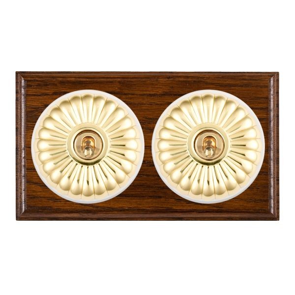 Hamilton BODFT22PB-W Bloomsbury Ovolo Dark Oak 2 Gang 20AX 2 Way Toggle Switch with Polished Brass Fluted Dome and White Collar
