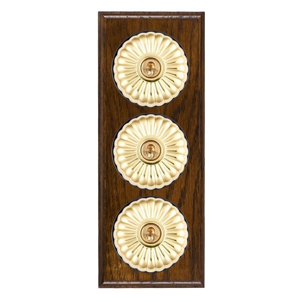 Hamilton BODFT23PB-B Bloomsbury Ovolo Dark Oak 3 Gang 20AX 2 Way Toggle Switch with Polished Brass Fluted Dome and Black Collar